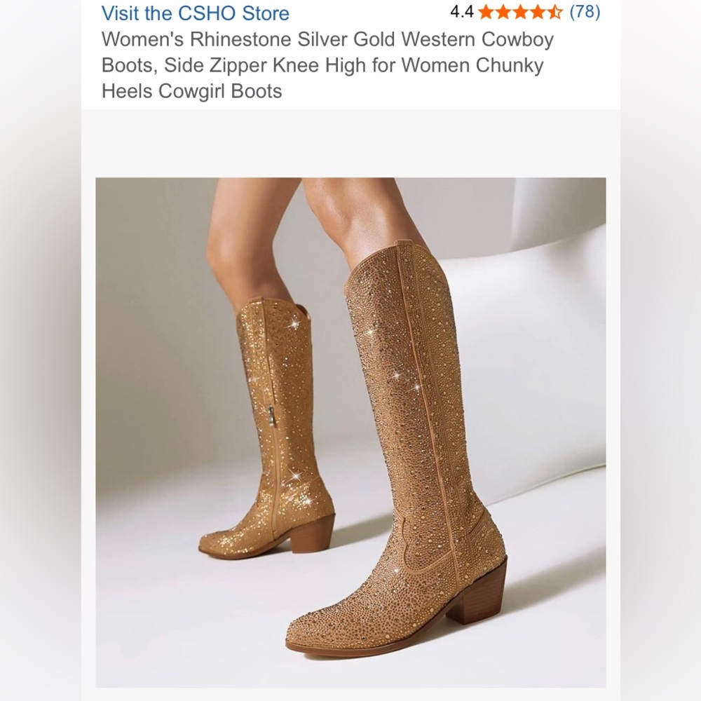 Womens gold rhinestone cowgirl boots sparkly cloth heels size 42 dance party